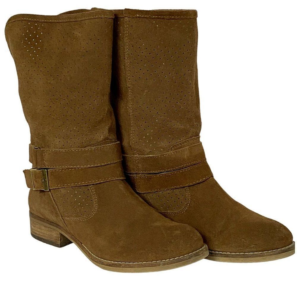 Vintage Chroma Pierced Suede Booties Boots Pull-On Brown Block Heel Leather 8M